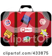 Poster, Art Print Of Well Used Red Suitcase With Travel Stickers And Pins