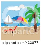 Poster, Art Print Of Beach Umbrella And Lounge Chair By A Palm Tree With A View Of A Sailboat