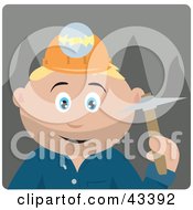 Caucasian Miner Man Wearing A Headlamp And Holding A Pickaxe