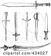 Royalty Free RF Clipart Illustration Of A Digital Collage Of Vintage Black And White Sketches Of Knives And Swords