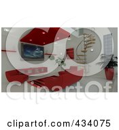 Poster, Art Print Of 3d Interior Of Red Furniture And A Spiral Staircase