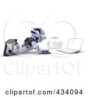 3d Robot Using A Laptop On The Floor By A Shopping Basket