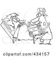 Line Art Of A Cartoon Psychiatrist Reading A Dummy Book To Help A Patient