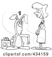 Royalty Free RF Clipart Illustration Of Coloring Page Line Art Of A Mother Admiring Her Son In A Rabbit Costume For Halloween