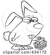 Royalty Free RF Clipart Illustration Of Coloring Page Line Art Of A Grumpy Easter Bunny With A Basket