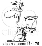 Royalty Free RF Clipart Illustration Of Line Art Of A Cartoon Man Holding Out A Quality Box by toonaday