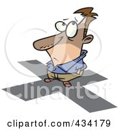 Royalty Free RF Clipart Illustration Of A Cartoon Man Standing On An X In A Shadow Of A Falling Item
