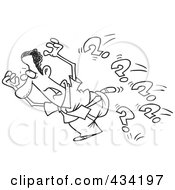 Royalty Free RF Clipart Illustration Of Line Art Of A Cartoon Businessman Running From Questions by toonaday