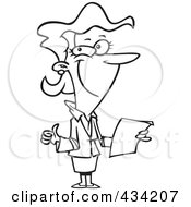 Royalty Free RF Clipart Illustration Of Line Art Of A Happy Cartoon Businesswoman Holding Year End Reports by toonaday