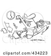 Poster, Art Print Of Line Art Of A Cartoon Businessman Rushing Out The Door At 5