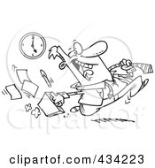 Royalty Free RF Clipart Illustration Of Line Art Of A Cartoon Businessman Rushing Out The Door At 5