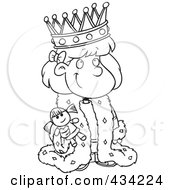 Royalty Free RF Clipart Illustration Of Line Art Of A Cartoon Queen Girl Holding A Doll