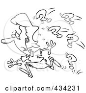 Royalty Free RF Clipart Illustration Of Line Art Of A Cartoon Businesswoman Running From Questions