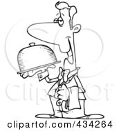 Royalty Free RF Clipart Illustration Of A Line Art Design Of A Pleasant Waiter Carrying A Platter