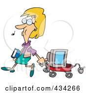 Woman Whistling And Pulling A Computer In A Wagon