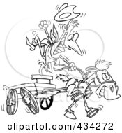 Poster, Art Print Of Line Art Design Of A Cowboy And Fast Horse With A Wagon