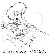 Royalty Free RF Clipart Illustration Of A Line Art Design Of A Cartoon Boy Wakeboarding by toonaday