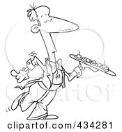 Royalty Free RF Clipart Illustration Of A Line Art Design Of A Snobby Waiter Carrying A Tray