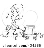 Royalty Free RF Clipart Illustration Of A Line Art Design Of A Woman Whistling And Pulling A Computer In A Wagon