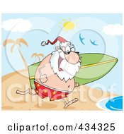 Royalty Free RF Clipart Illustration Of Santa Running With A Surfboard 2