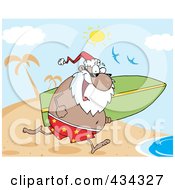 Royalty Free RF Clipart Illustration Of A Black Santa Running With A Surfboard 2