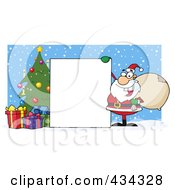 Royalty Free RF Clipart Illustration Of Santa With A Christmas Tree And Blan Sign Over Snow