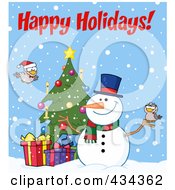 Poster, Art Print Of Royalty-Free Rf Clipart Illustration Of Happy Holidays Text By A Christmas Snowman By A Tree