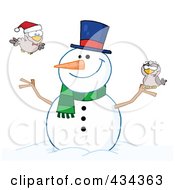 Poster, Art Print Of Happy Snowman With Birds - 2