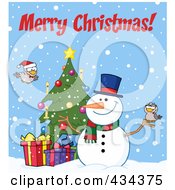 Poster, Art Print Of Merry Christmas Text By A Christmas Snowman By A Tree