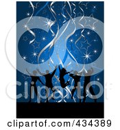 Royalty Free RF Clipart Illustration Of Silhouetted Dancers Over Blue With Stars Sparkles And Ribbons by KJ Pargeter