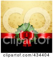 Poster, Art Print Of Red Ribbon With Christmas Holly Dividing A Gold Snowflake And Black Background