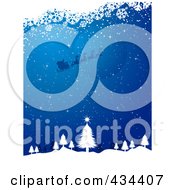 Poster, Art Print Of Blue Christmas Background Of Santa Flying Over The Moon Abouve A Tree In The Woods With White Snowflake Grunge