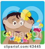 Clipart Illustration Of A Hispanic Woman In A Hawaiian Lei Drinking A Cocktail On Vacation