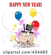 New Year Baby Holding A Sparkler With Happy New Year Text And Balloons