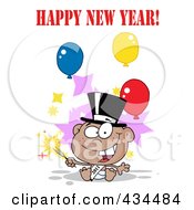 Royalty Free RF Clipart Illustration Of A Black New Year Baby Holding A Sparkler With Happy New Year Text And Balloons