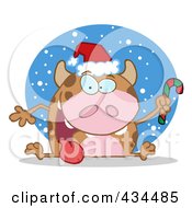 Poster, Art Print Of Christmas Cow Holding A Candycane In The Snow