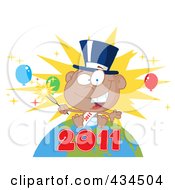 Royalty Free RF Clipart Illustration Of A Black New Year Baby Holding A Sparkler On A Globe 3