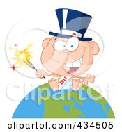 New Year Baby Holding A Sparkler On A Globe - 1