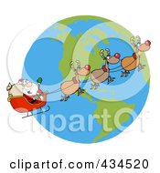 Royalty Free RF Clipart Illustration Of Santa And Reindeer Flying Over Earth