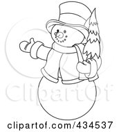 Poster, Art Print Of Outline Of A Snowman Holding A Christmas Tree And Presenting