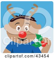Poster, Art Print Of Hispanic Boy Holding Christmas Holly And Wearing A Red Nose And Antlers