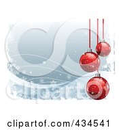 Poster, Art Print Of Gray Christmas Background Of Red Baubles And Waves Of Snowflakes With White Grunge Borders