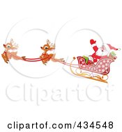 Royalty Free RF Clipart Illustration Of Santa Waving And Flying Past In His Sleigh With Two Reindeer