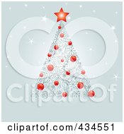 Poster, Art Print Of Christmas Tree Of Red Baubles And Swirl Designs And A Red Star Over Sparkly Gray