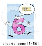 Royalty Free RF Clipart Illustration Of A Number Six Character With A Word Balloon Over Blue
