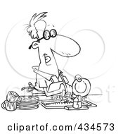 Royalty Free RF Clipart Illustration Of A Line Art Design Of A Stay At Home Dad Washing The Dirty Dishes by toonaday