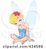 Royalty Free RF Clipart Illustration Of A Cute Blond Fairy Girl In A Blue Dress Sitting A Pink Flower In Her Hair