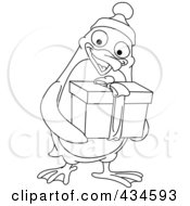 Poster, Art Print Of Outline Of A Christmas Penguin Giving A Present