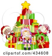 Poster, Art Print Of Diverse Christmas Kids With A Gift Christmas Tree