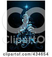 Poster, Art Print Of Blue Flourish Christmas Tree On Black